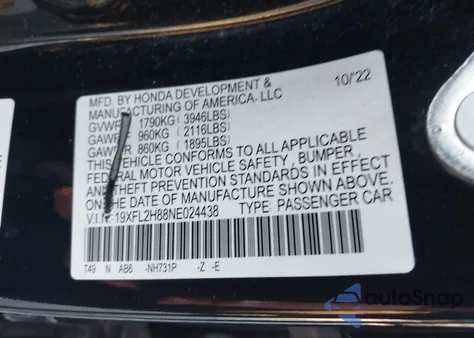 2022 Honda Civic Sport from USA, damaged, VIN 19XFL2H88NE024438